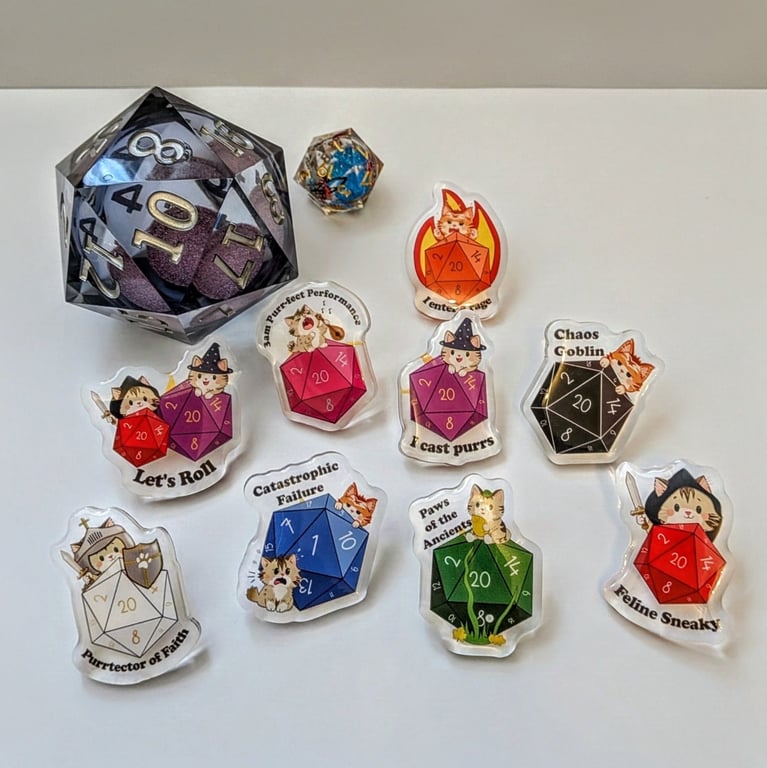 D&D Cat Acrylic Pin Badge, Tabletop RPG Dice Brooch, Nerdy Gamer Gift 