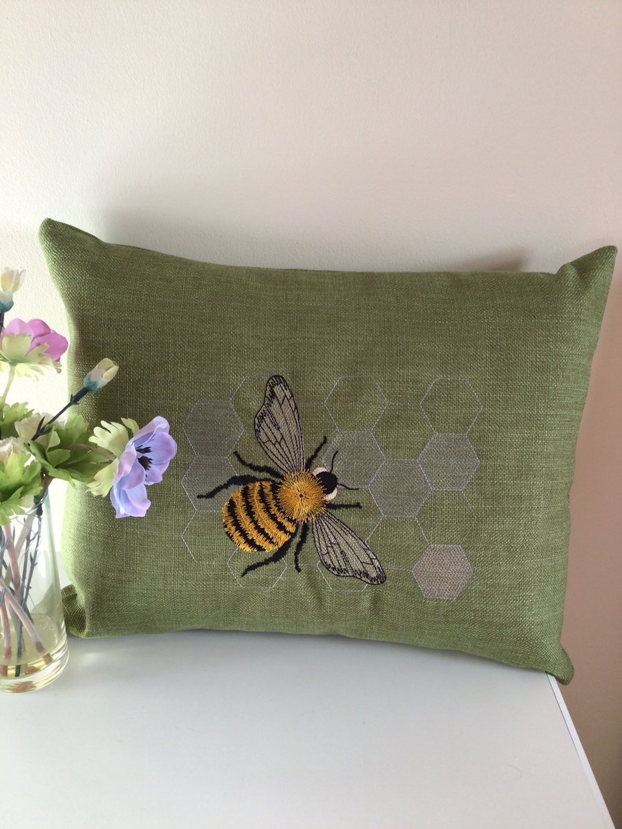  Bumblebee embroidered cushion. Green.