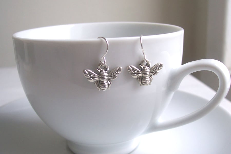 Petite Silver Bee charm earrings - little bees - gift for gardener - nickel free