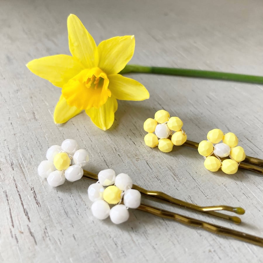 Two Spring Flower Beaded Hair Pins, Yellow & White, Easter