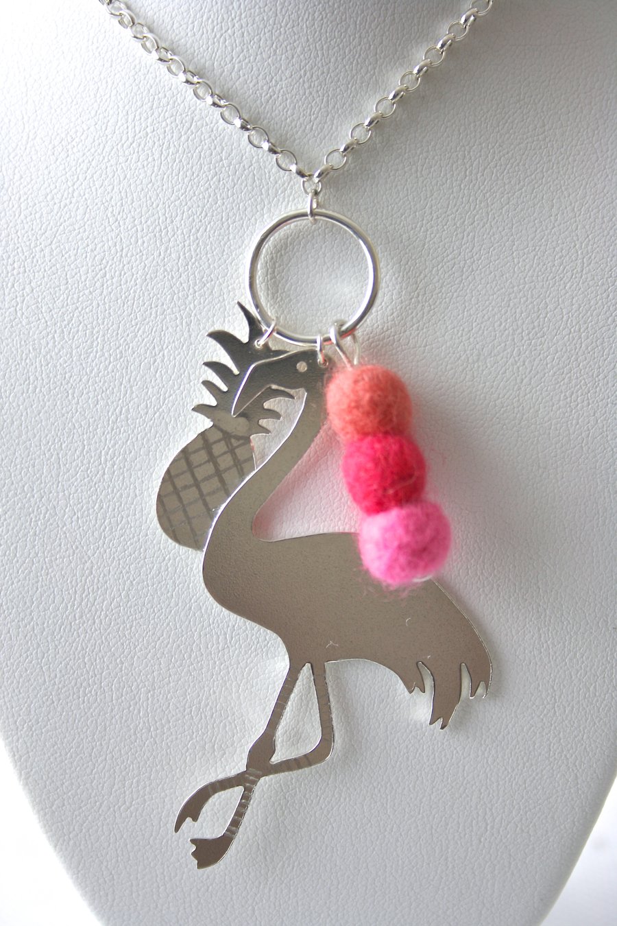 Tropical Silver Flamingo Long Necklace with Pineapple and Felt Beads
