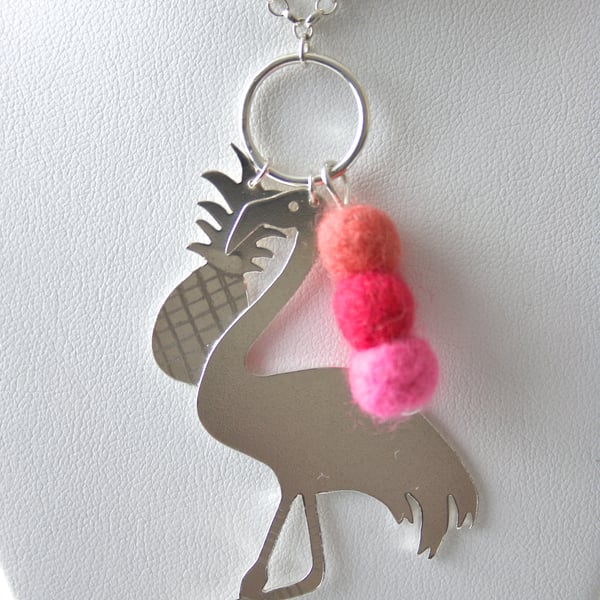 Tropical Silver Flamingo Long Necklace with Pineapple and Felt Beads