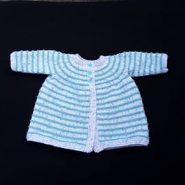 Baby Cardigan, Hand Knitted in White with Green Stripes, Seconds Sunday