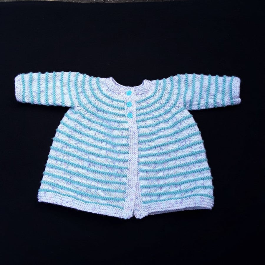 Baby Cardigan, Hand Knitted in White with Green Stripes, Seconds Sunday