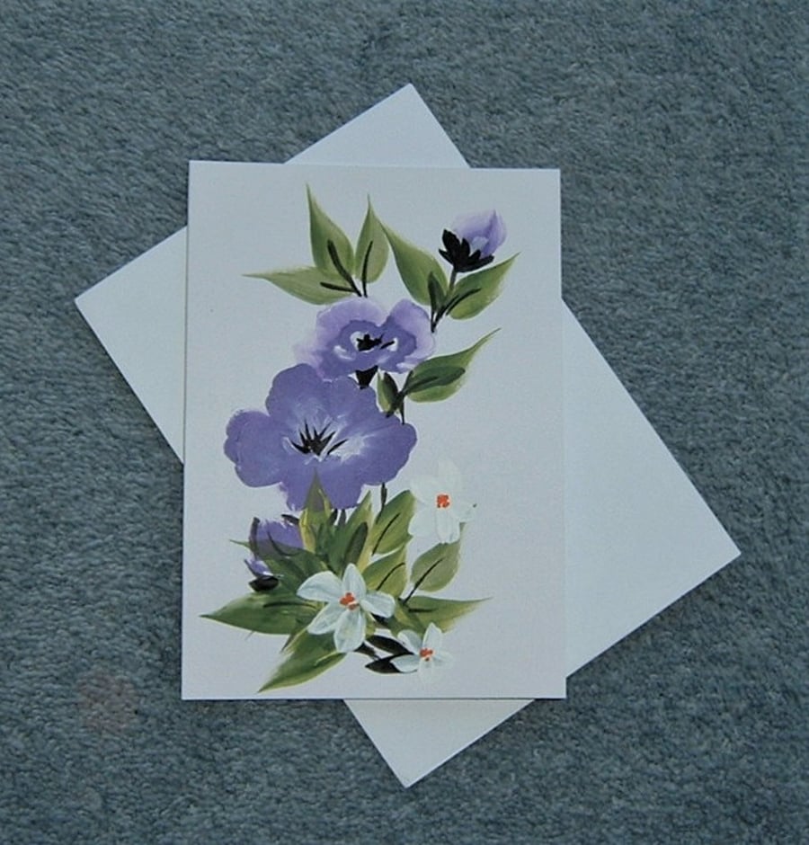 blank greetings card hand painted floral purple art ( ref F 23 )