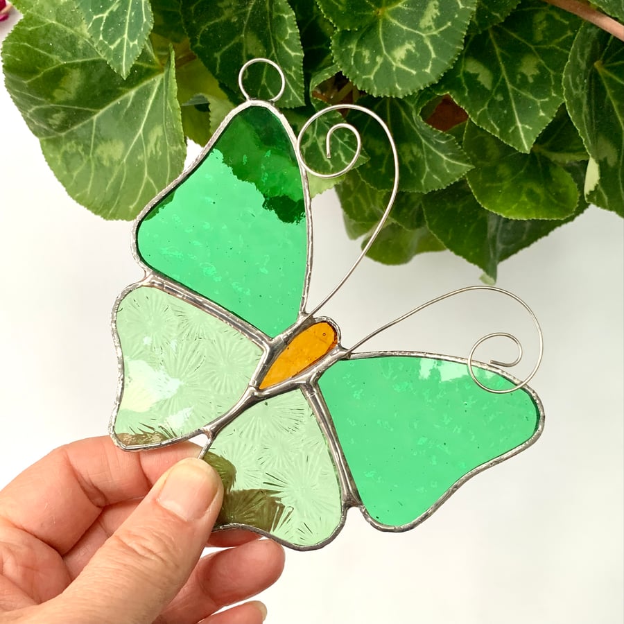 Stained Glass Butterfly Suncatcher - Handmade Decoration - Green 