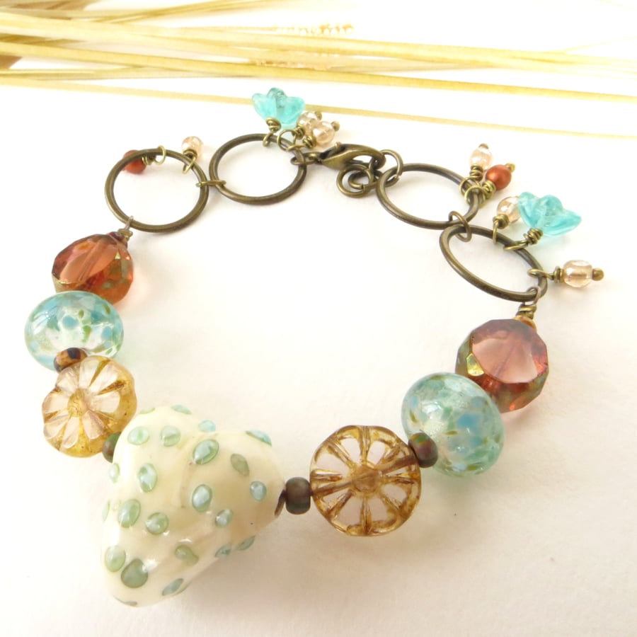 Bracelet with Cream, Aqua and Golden Peach, Autumn Heart Bracelet, OOAK