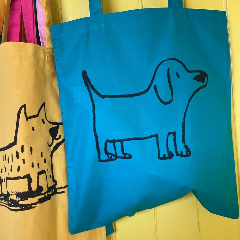cute turquoise tote bag with dog print by Jo Brown Happy Tomato 