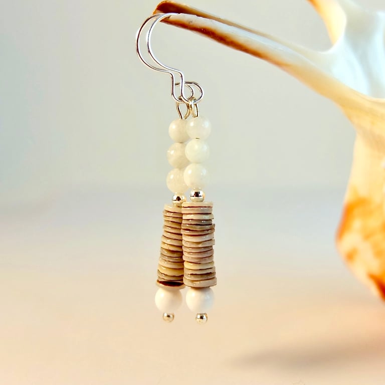 Aquamarine, Shell And Sterling Silver Earrings - Handmade In Devon - Free UK P&P