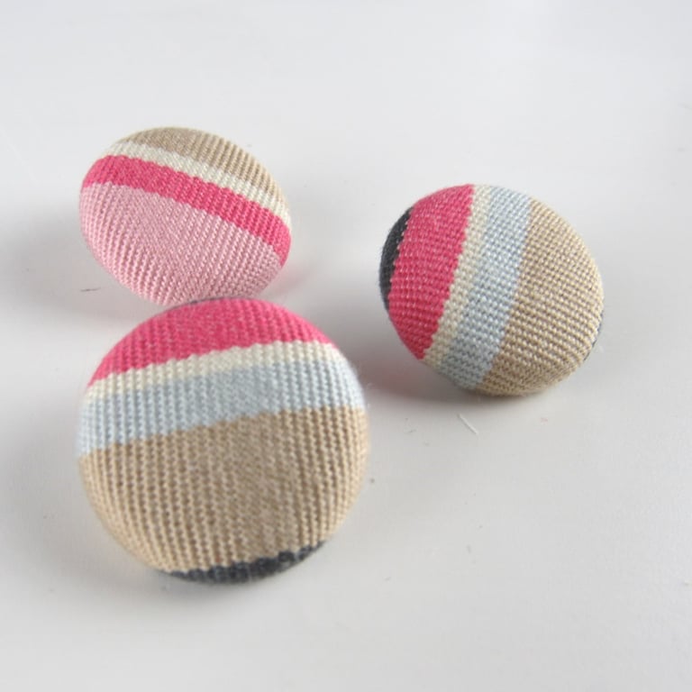 3 Small Handmade Pink Stripe Fabric Buttons