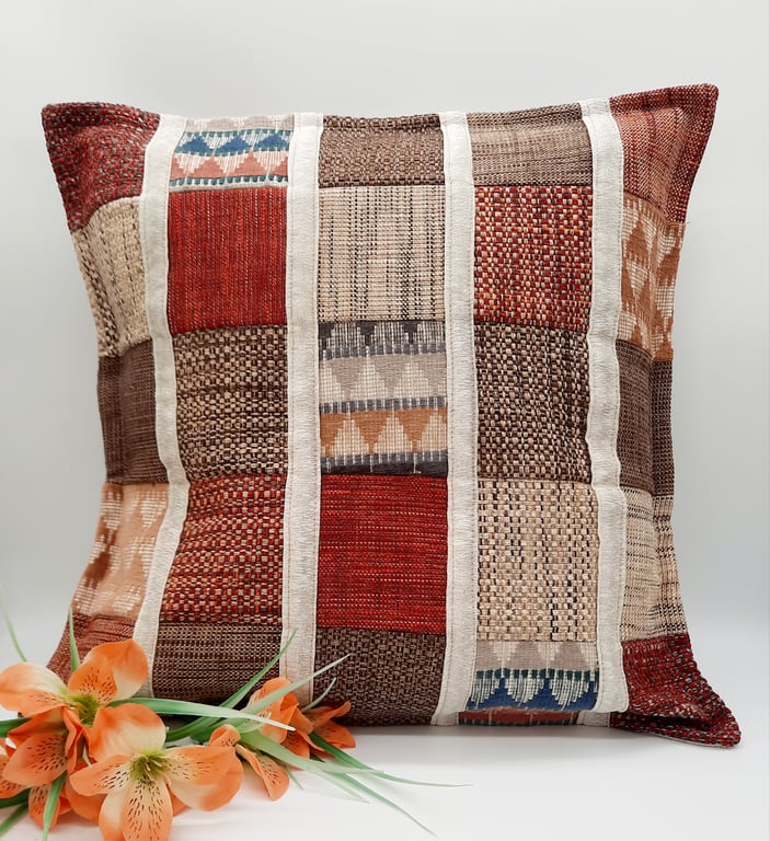 Red themed patchwork cushion cover,  envelope backed.  