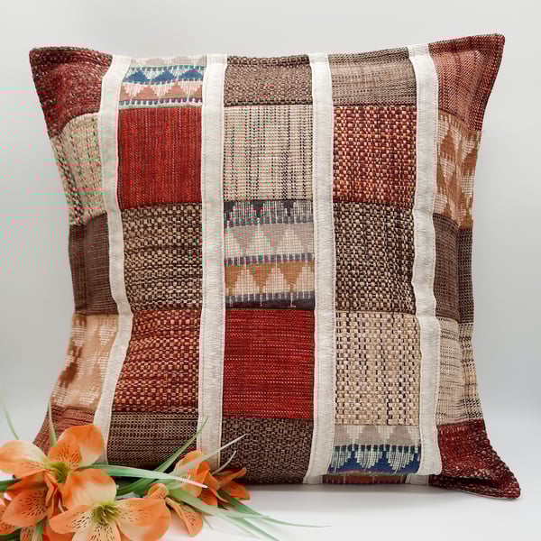 Red themed patchwork cushion cover,  envelope backed.  