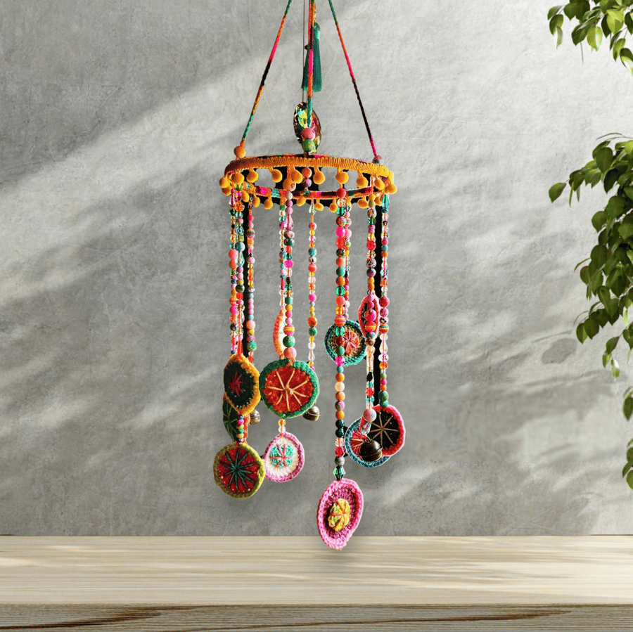 colourful crochet, beaded mobile, nursery decoration, hanging decoration
