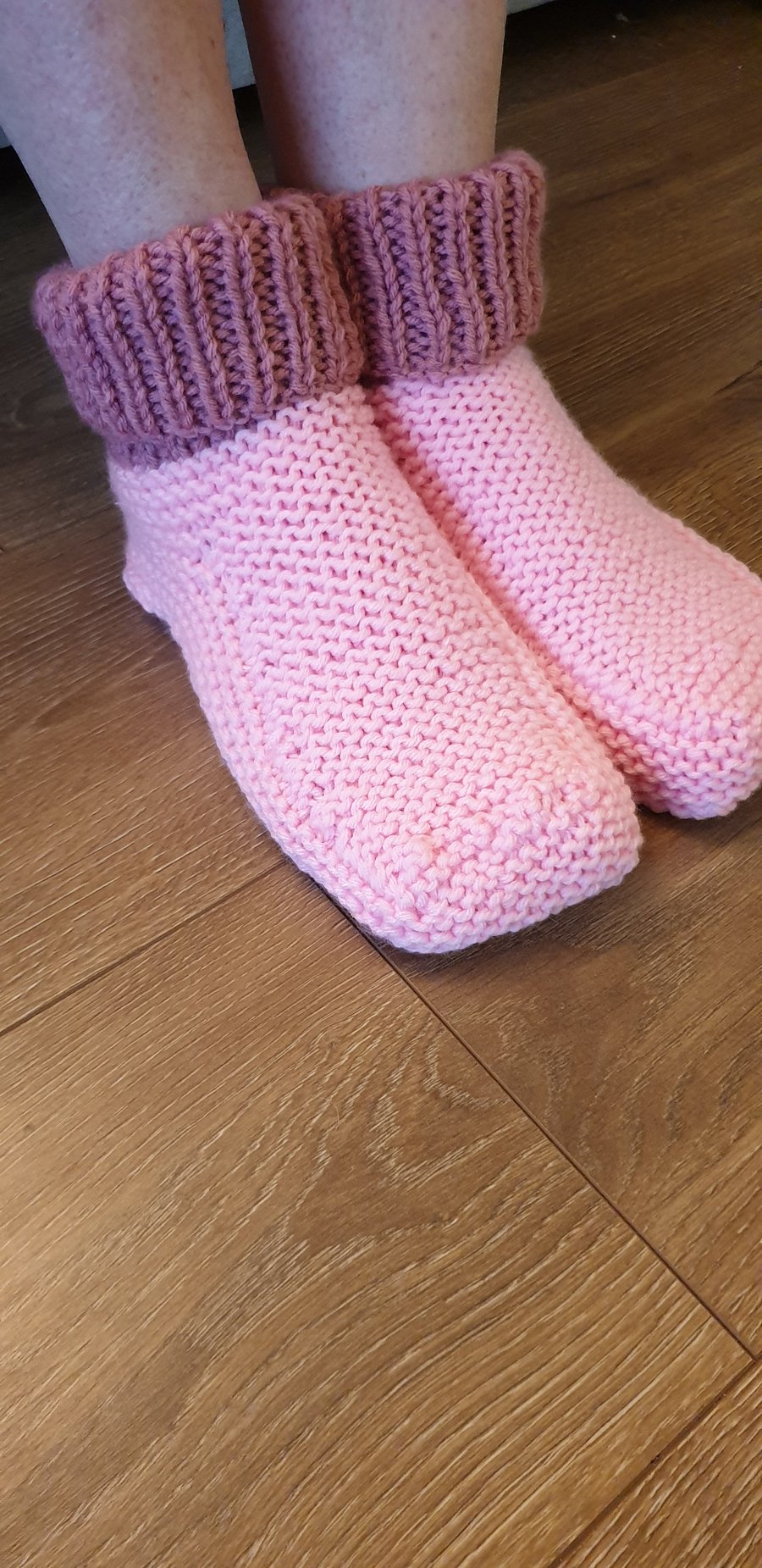 Hand-knitted Slipper Socks two tone pink size 6-7