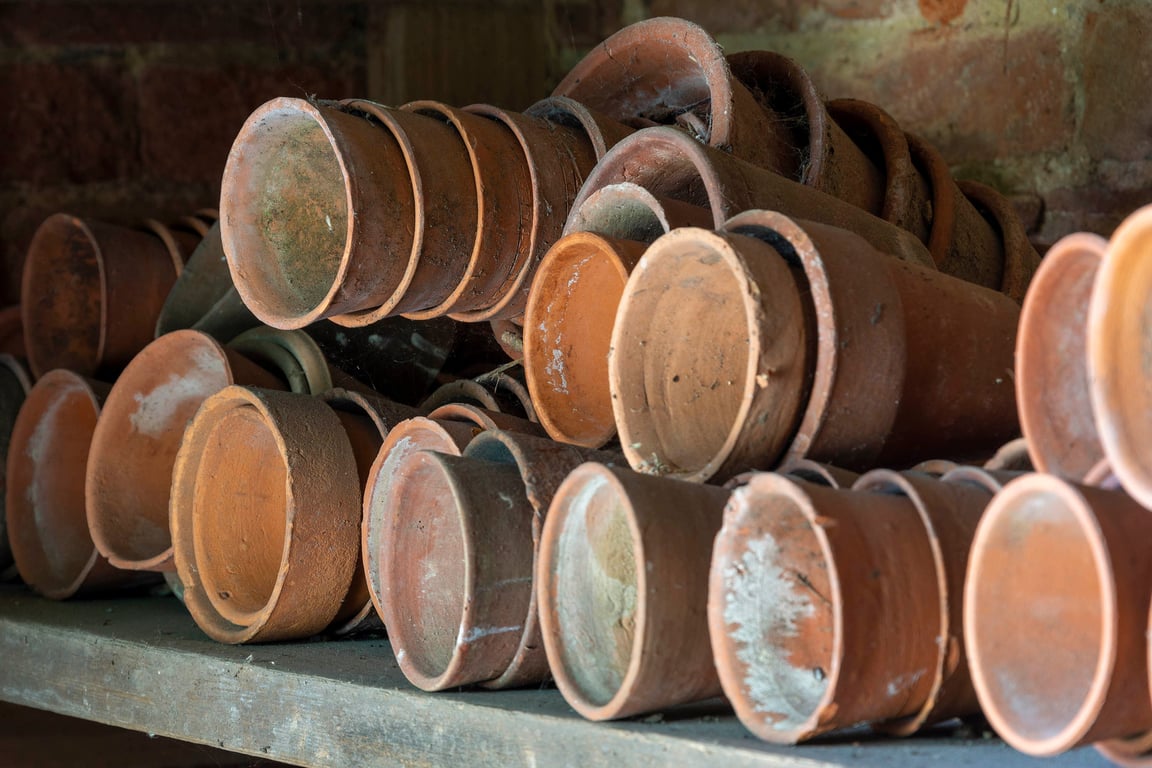 Clay pots in an old potting shed