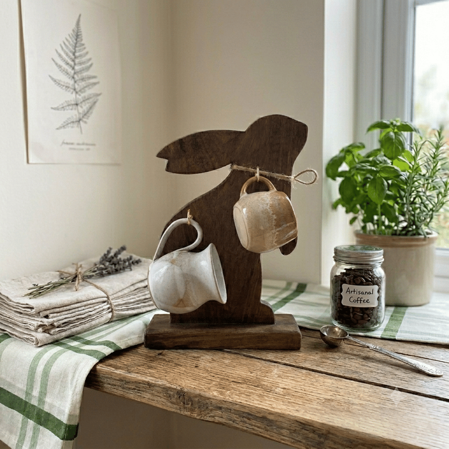 Wooden Mug Rack, Handcrafted Rabbit Shaped Coffee Holder, Countertop Kitchen Org