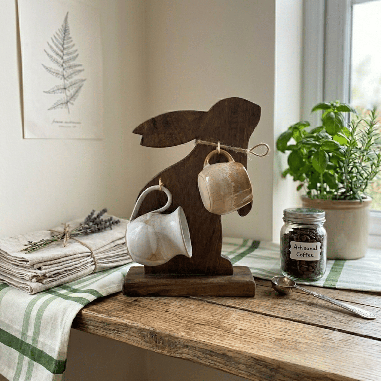 Wooden Mug Rack, Handcrafted Rabbit Shaped Coffee Holder, Countertop Kitchen Org