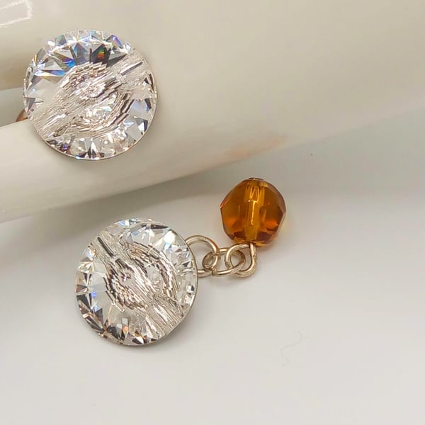 Round Clear Crystal Element Button Cuff Links, Gift for Him, Crystal Cuff Links