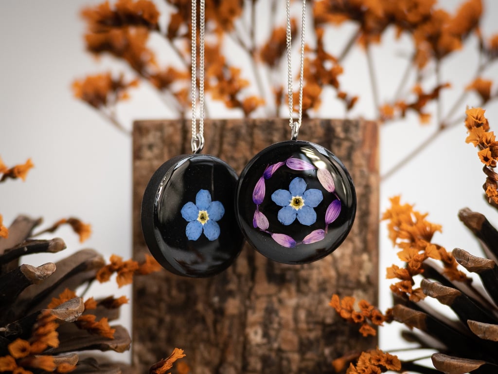 Wooden Real Forget Me Not Flower Necklace - Sterling Silver Chain