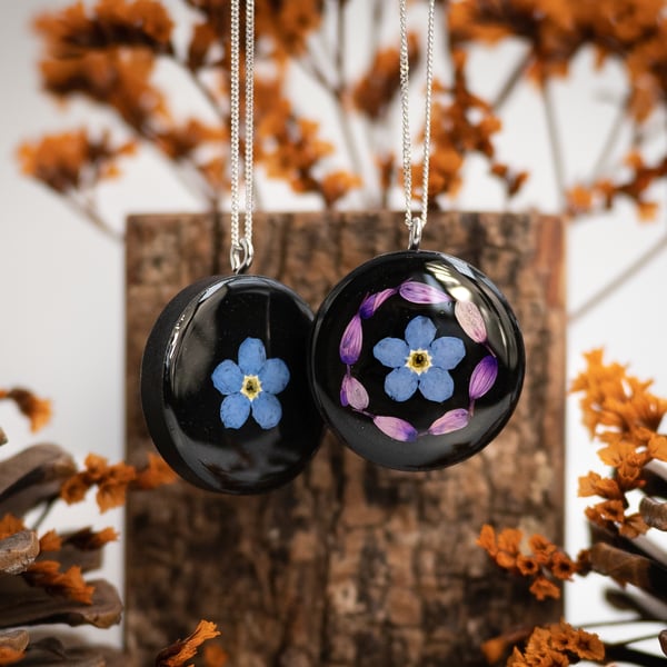 Wooden Real Forget Me Not Flower Necklace - Sterling Silver Chain