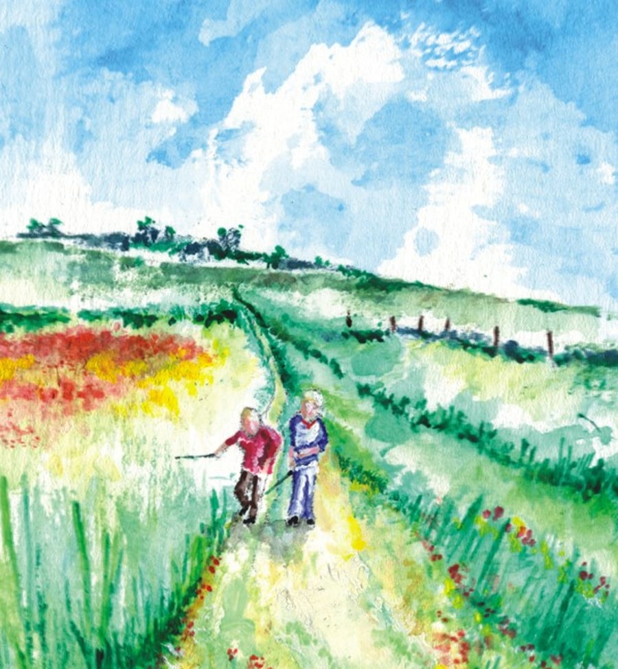 watercolour print of children on the southdowns sussex