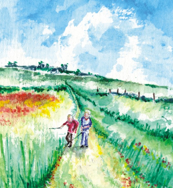 watercolour print of children on the southdowns sussex