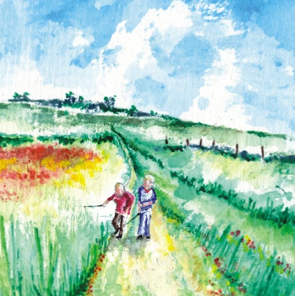 watercolour print of children on the southdowns sussex