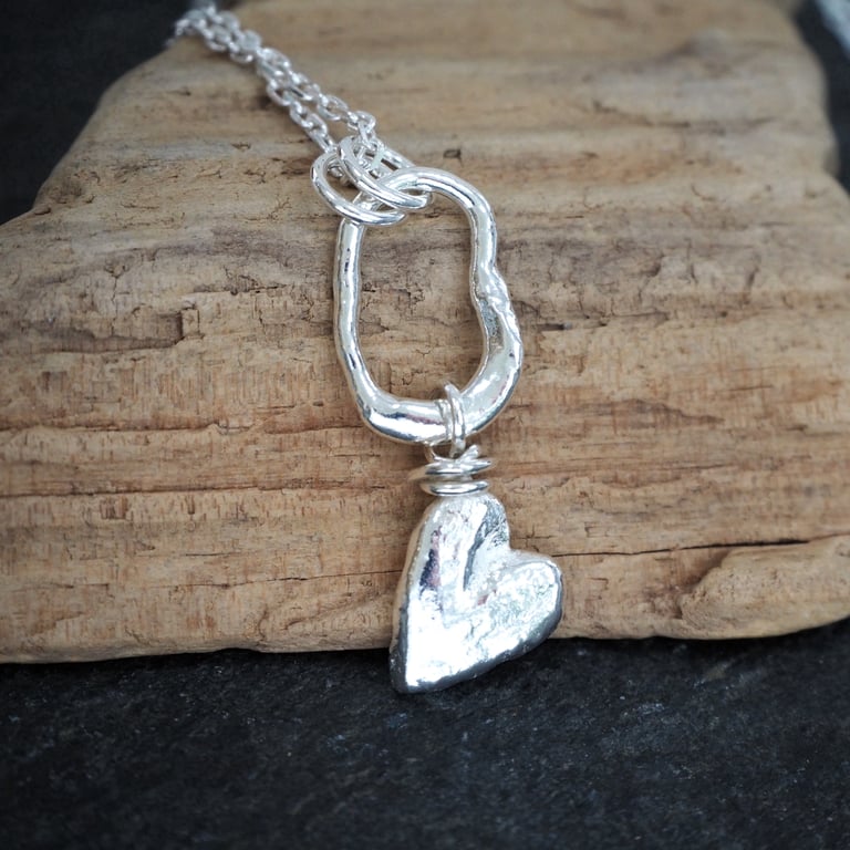 Silver heart drop necklace, molten sterling silver pendant necklace