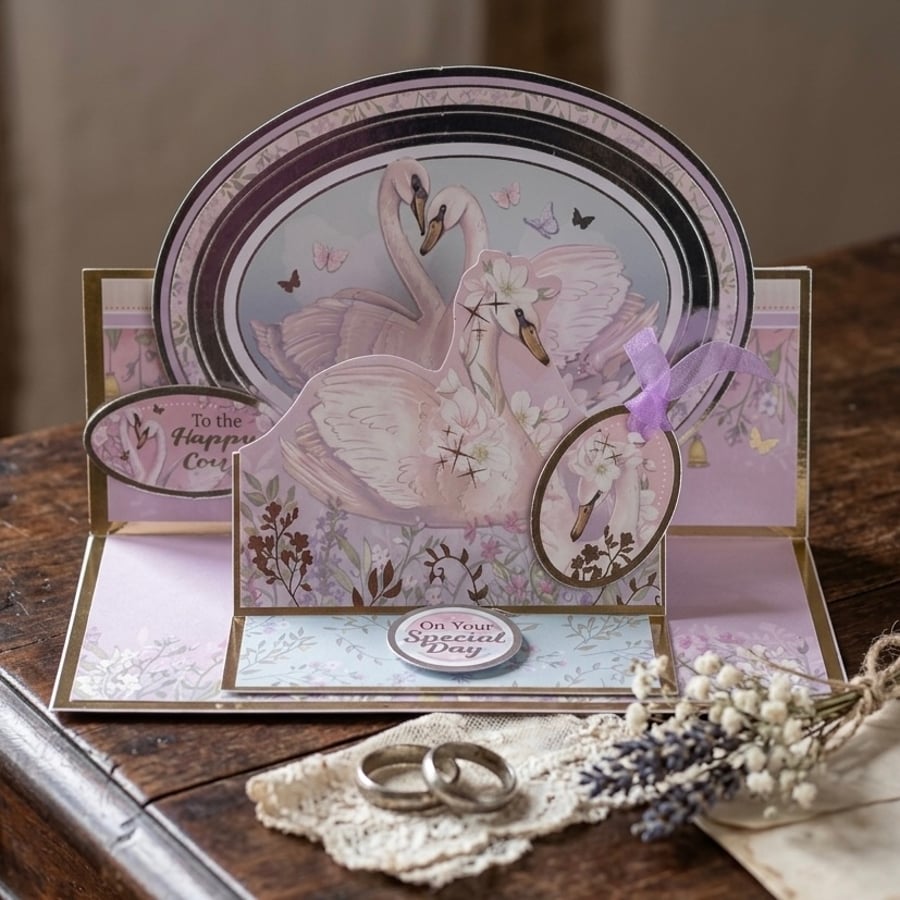 3D Double Easel Pop-Up Wedding Card – Romantic Swan Keepsake