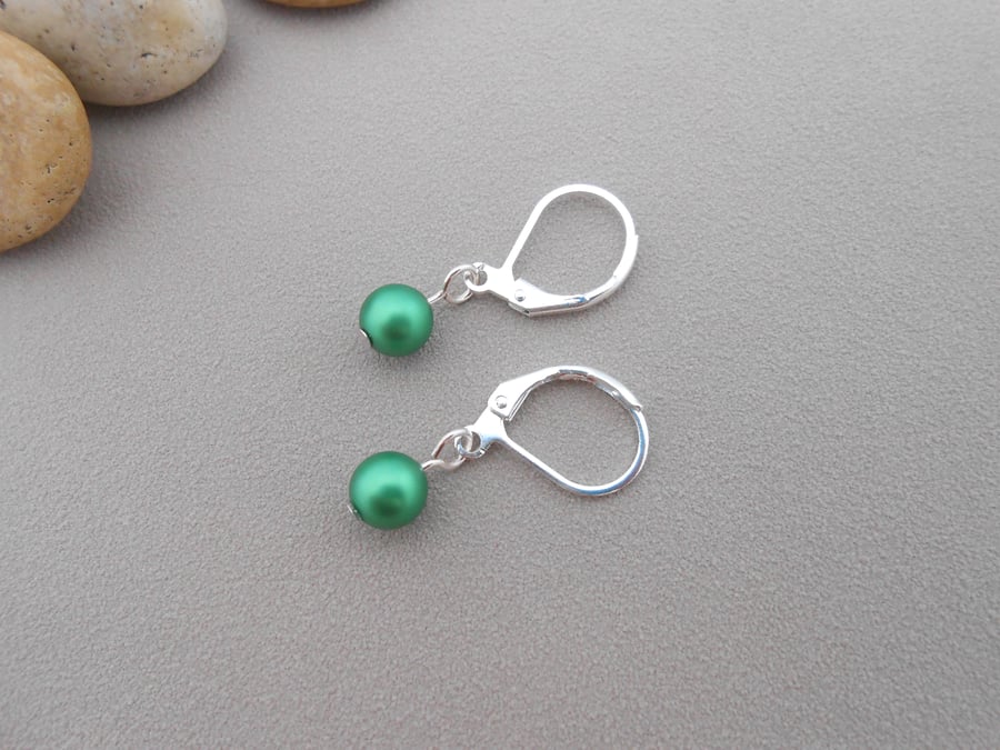 Small green pearl dangle earrings