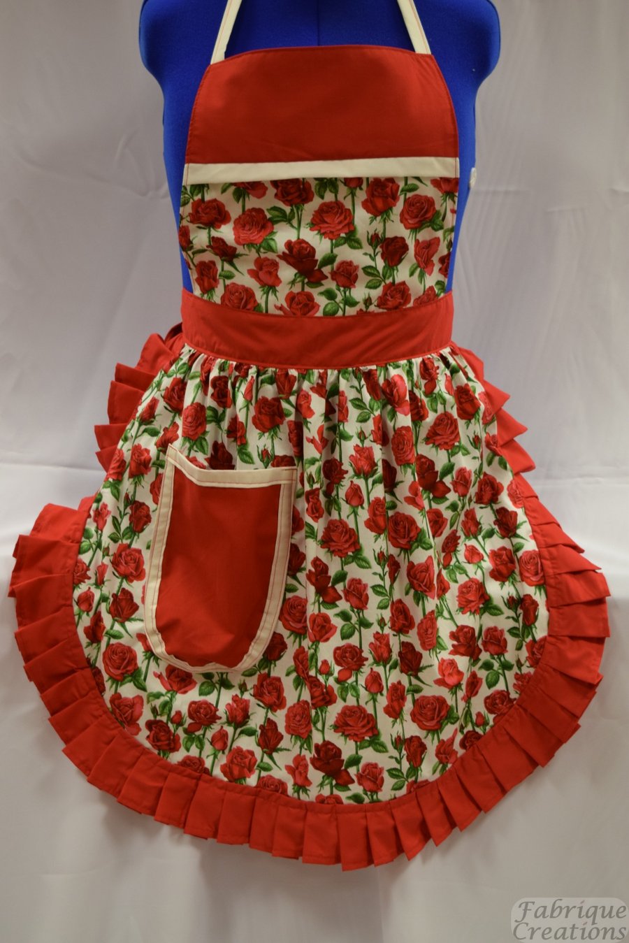 50s Style Full Apron - Nutex - Red Roses (Stems) on Cream with Red Trim