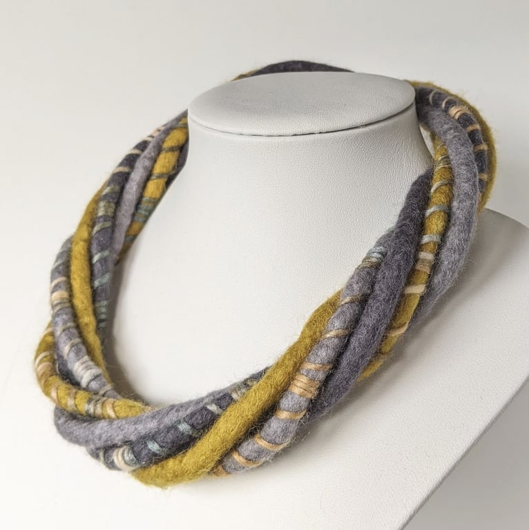 The Wrapped Twist: felted cord necklace in greys and chartreuse yellow