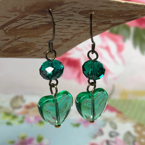 Green glass heart and crystal earrings