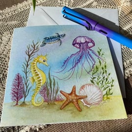 Sea Life greetings cards with Turtle Seahorse Jellyfish Starfish. Pack of five.
