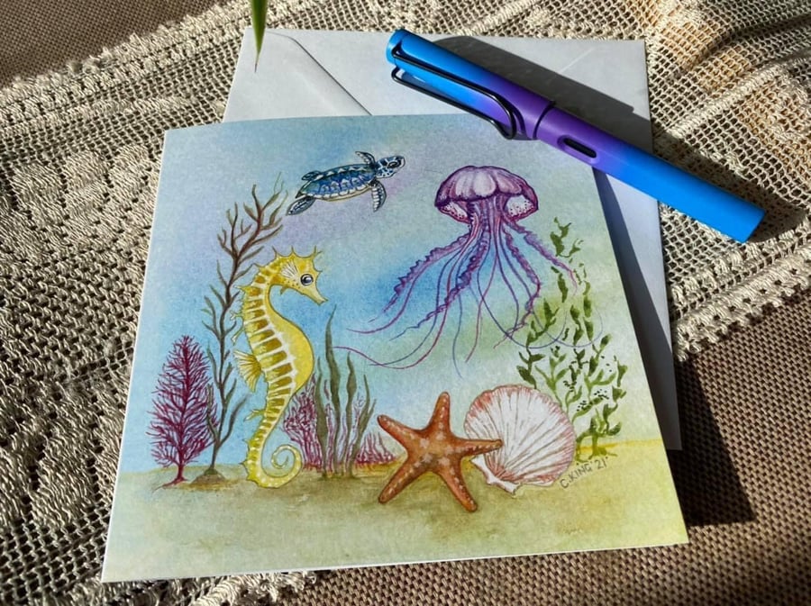 Sea Life greetings cards with Turtle Seahorse Jellyfish Starfish. Pack of five.