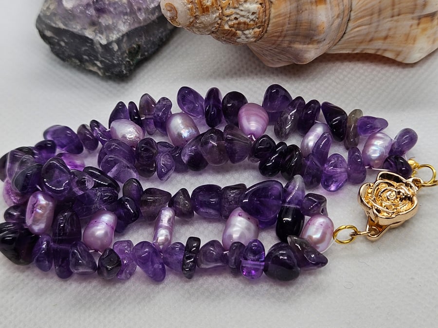 Amethyst and Pearl Bracelet with Magnetic Clasp