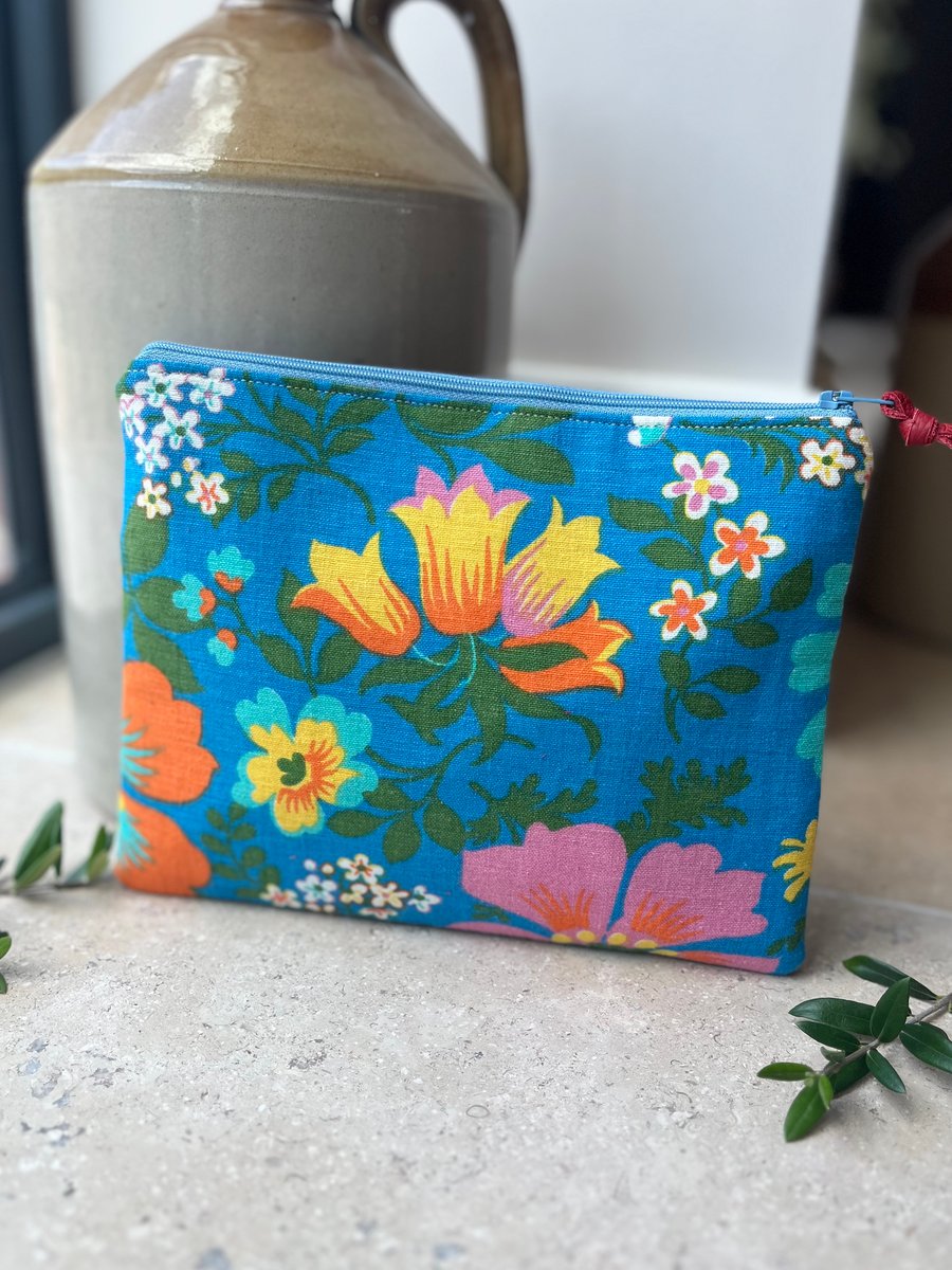 Vintage floral cotton and reclaimed denim zip pouch retro fabric 