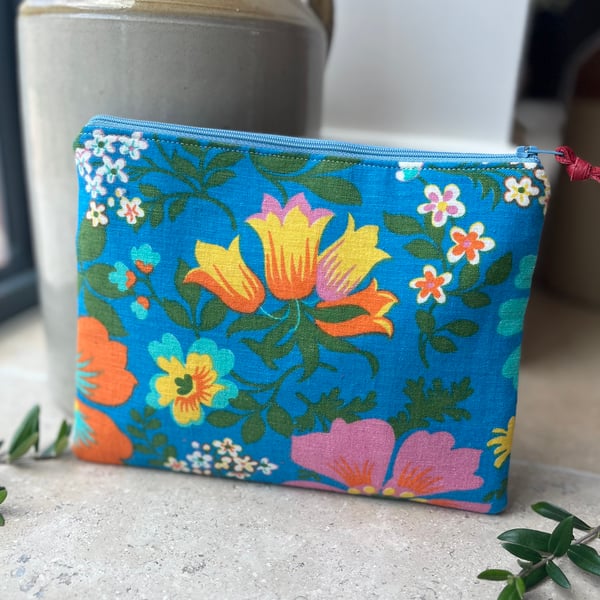 Vintage floral cotton and reclaimed denim zip pouch retro fabric 