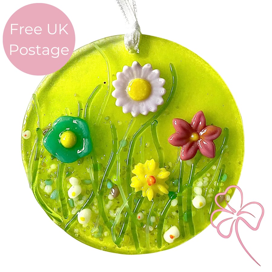 Fused Glass Wildflower Meadow Hanging Decoration - Lilac, Yellow, Blue & Pink