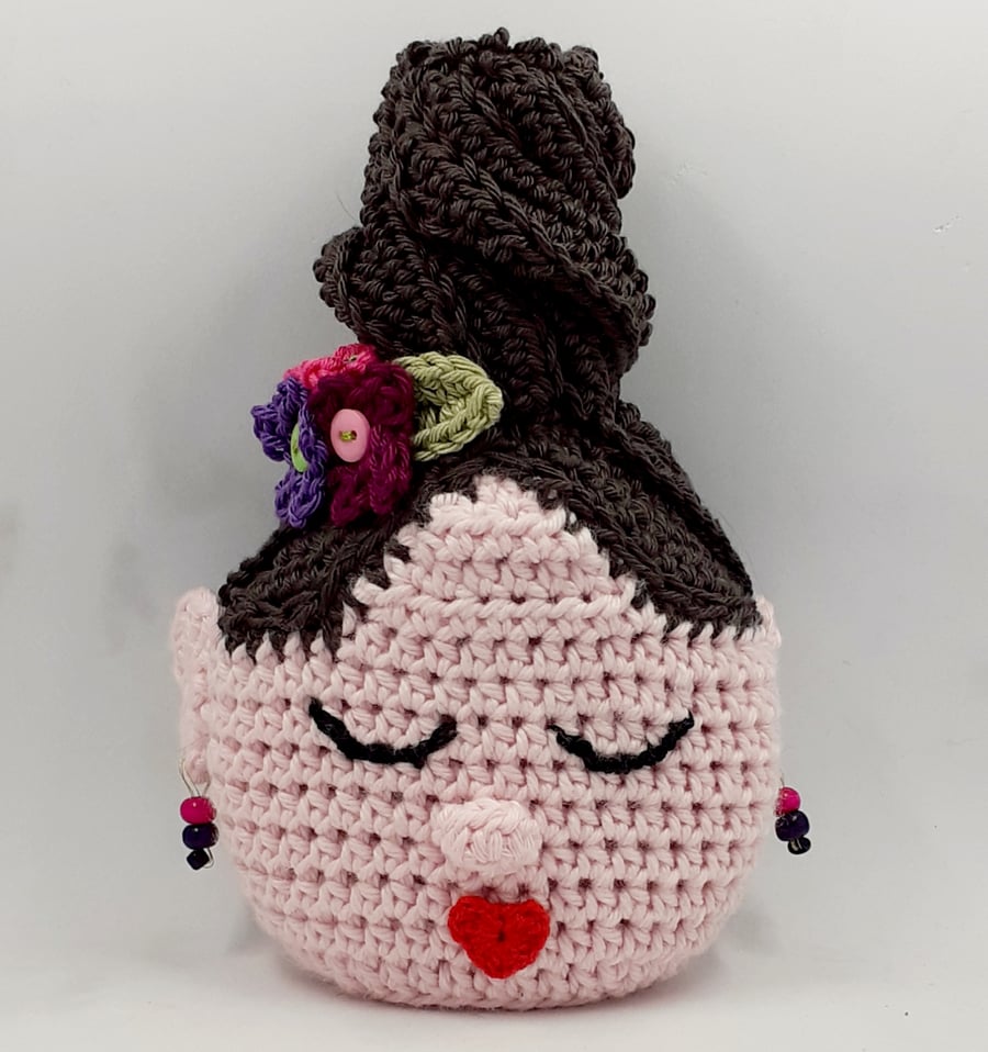 Reserved for Alison. Crochet Covered  Bottle 'Head Vase'.  Brown Hair