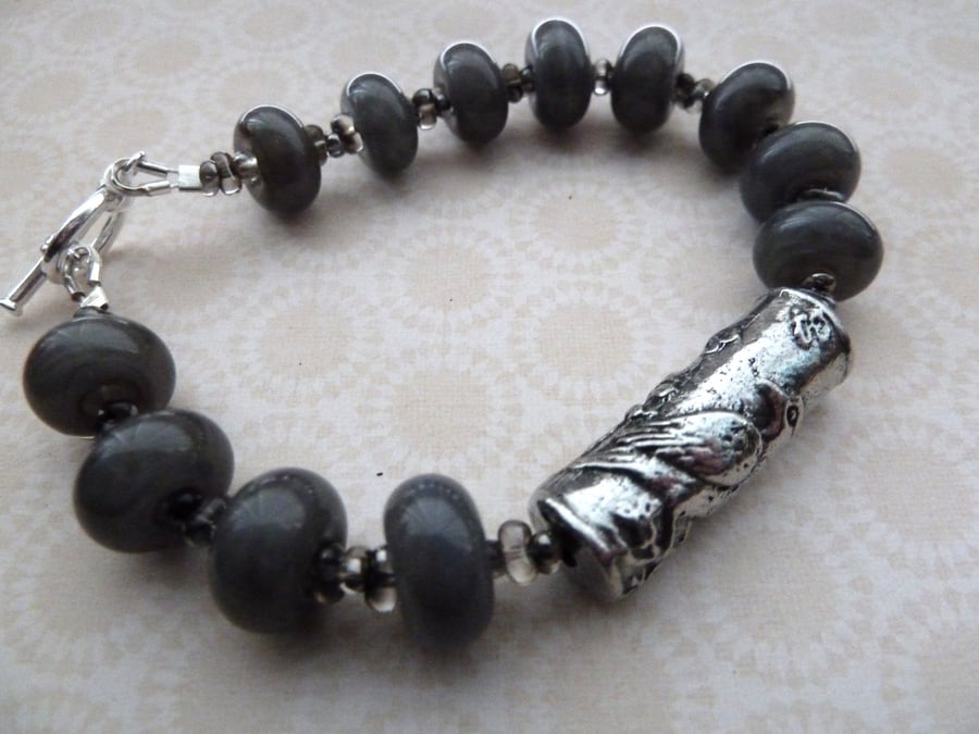 grey raven lampwork and pewter bracelet