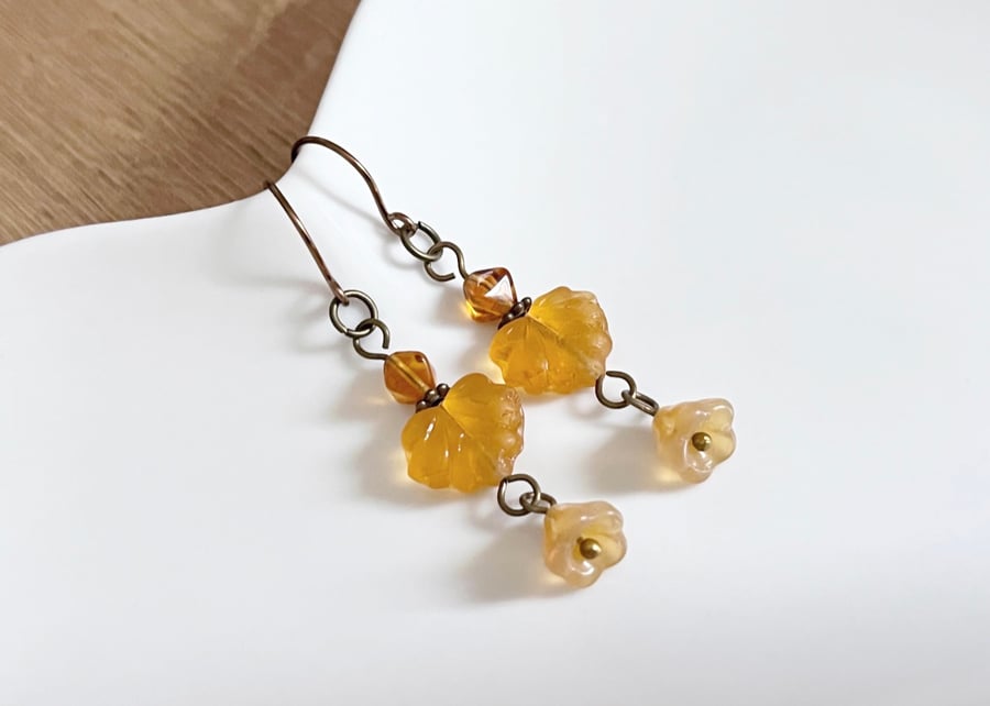Burnt orange flower and maple leaf earrings