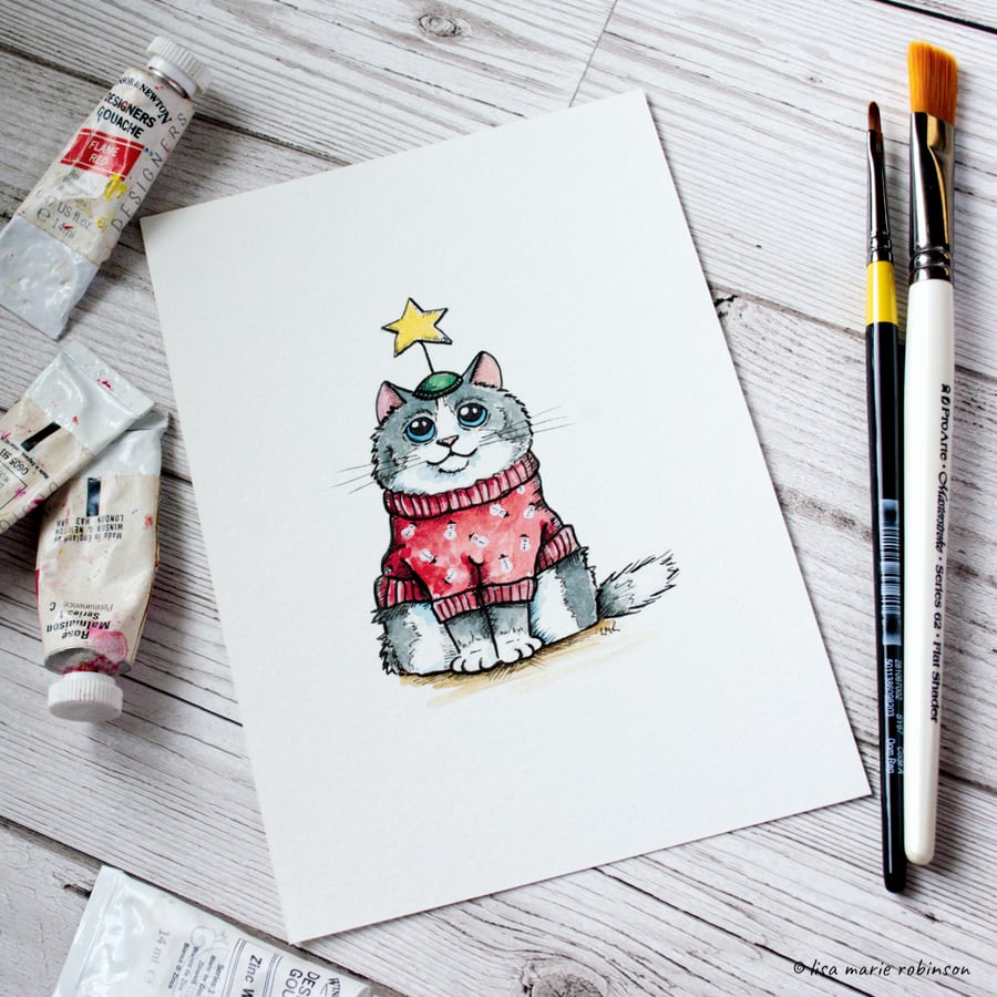 Festive Feline Cat Watercolour and Ink Illustration - Red Christmas Jumper