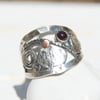 Silver Crown Ring, Garnet Shield Ring, Sterling Rustic Jewellery