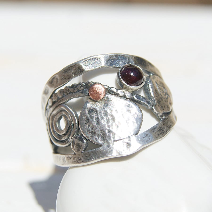 Silver Crown Ring, Garnet Shield Ring, Sterling Rustic Jewellery