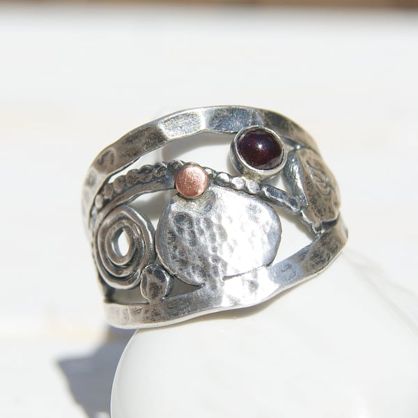 Silver Crown Ring, Garnet Shield Ring, Sterling Rustic Jewellery