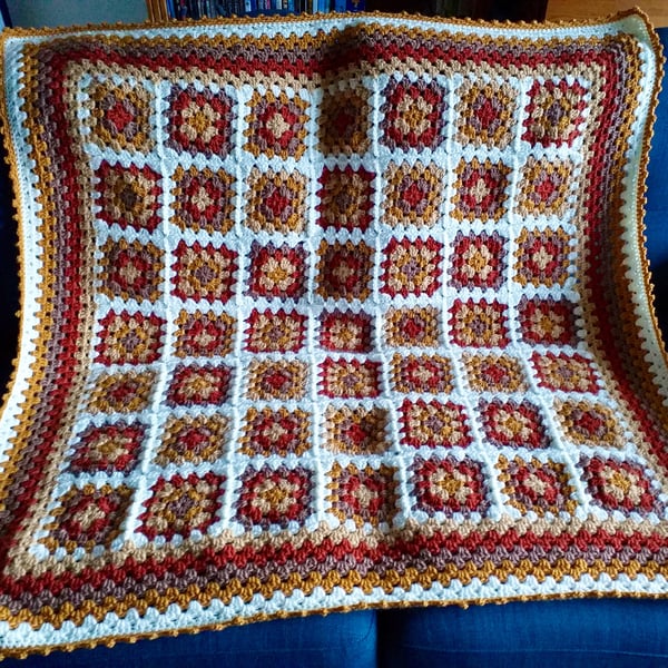 Crochet Granny Square Throw, Autumn Colours Lap Blanket