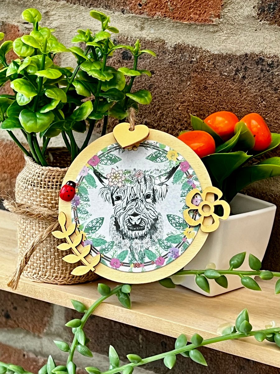 ‘Highland Cow’ Hanging Wooden Decoration with ladybird