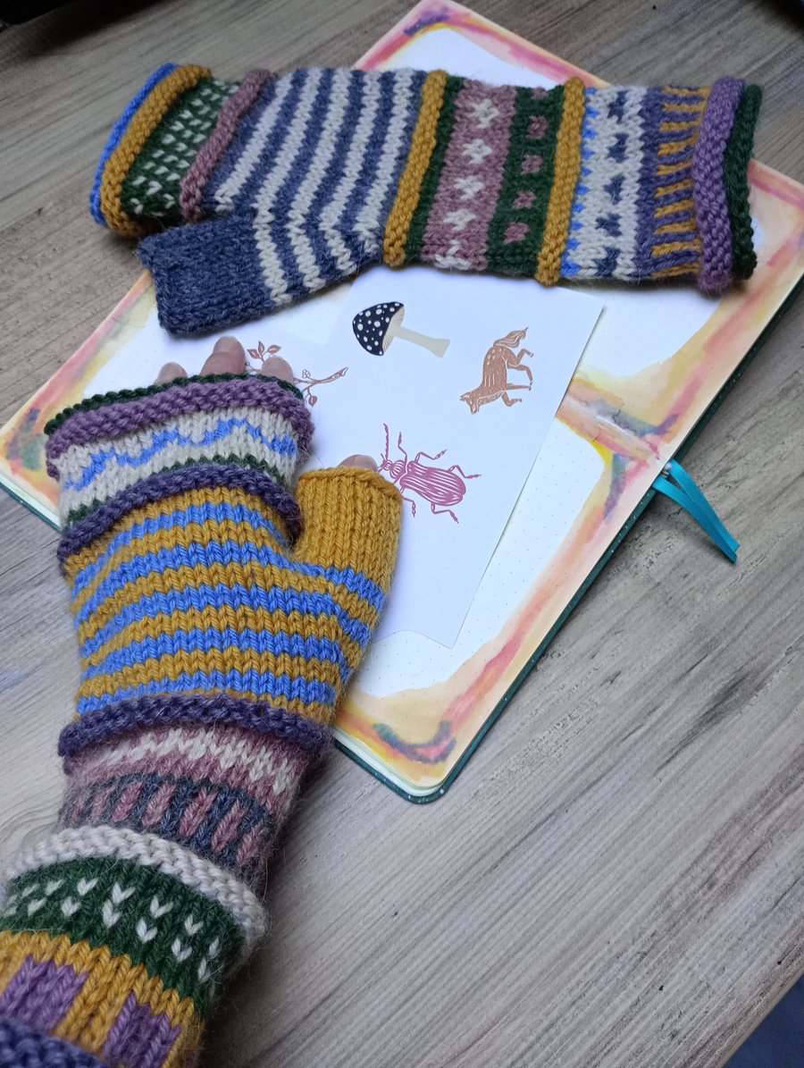 Whimsical mismatched handknitted wristwarmers