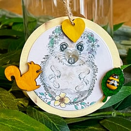 ‘Hedgehog with squirrel & bee’ Wooden Hanging Decoration